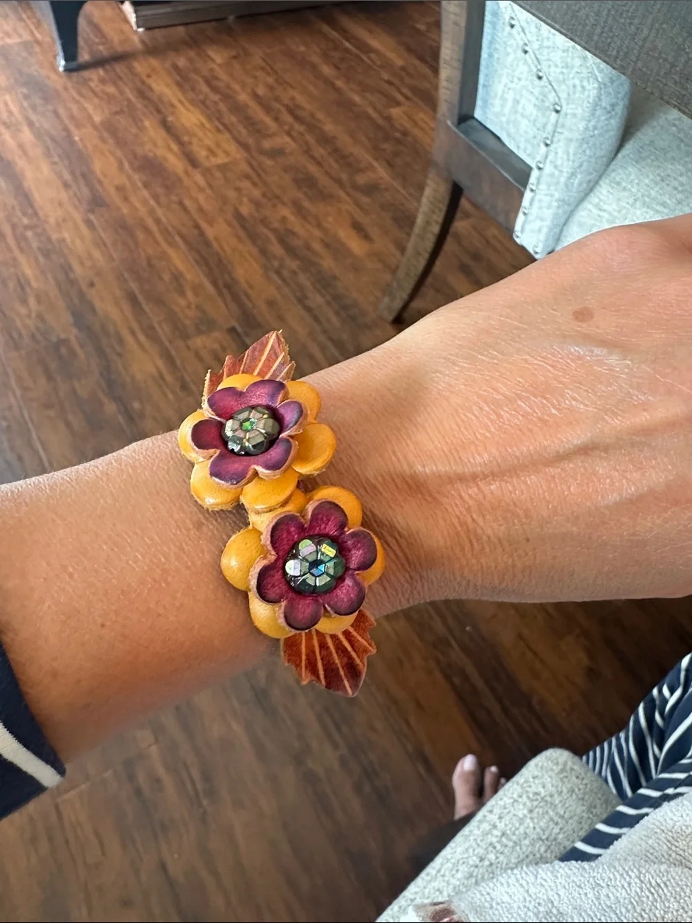 Handcrafted Yellow & Burgundy Floral Leather Bracelet